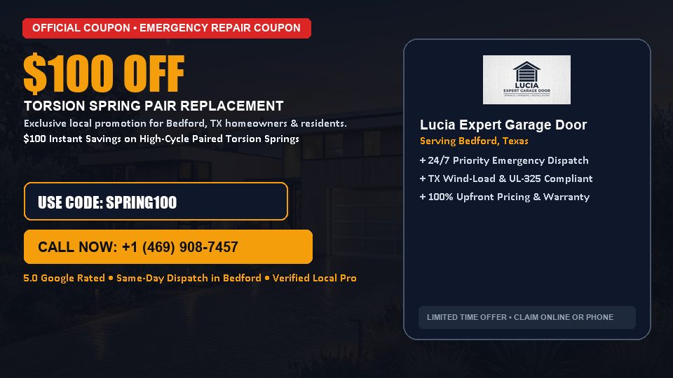 Lucia Expert Garage Door $100 OFF Dual Torsion Spring Replacement in Bedford, TX
